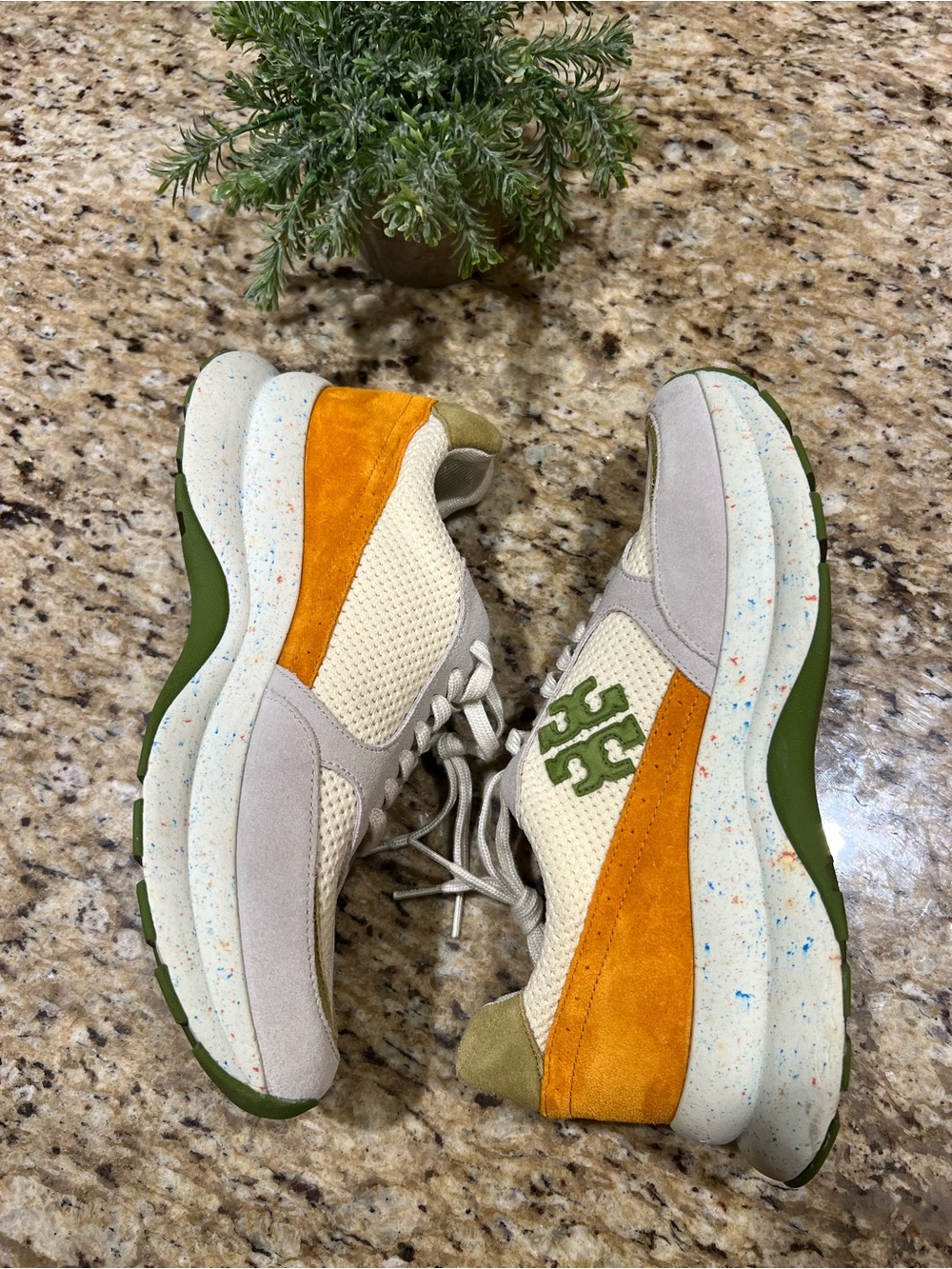 Tory Burch Good Luck Trainer Ivory Cream Vibrant Green w/ Speckles Sneakers 10 - Picture 6 of 11